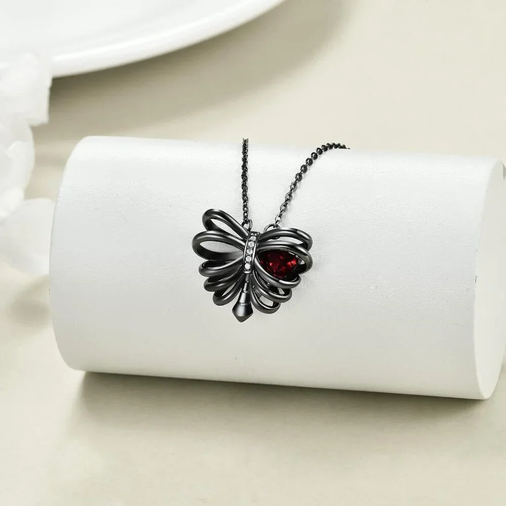 Sterling Silver Skull Necklace Gothic Rib Heart Pendant Gift for Women